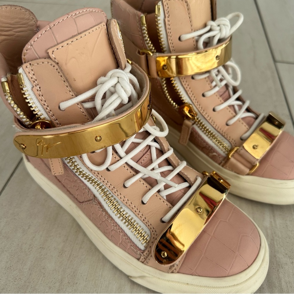 Giuseppe Zanotti Pink Python Embossed High-Top Sneakers, Gold Accents, Size US 5